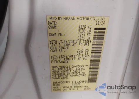 2014 Nissan Nv Cargo Nv2500 Hd Sv V8 z USA, uszkodzony, nr VIN 1N6AF0KY4EN111096